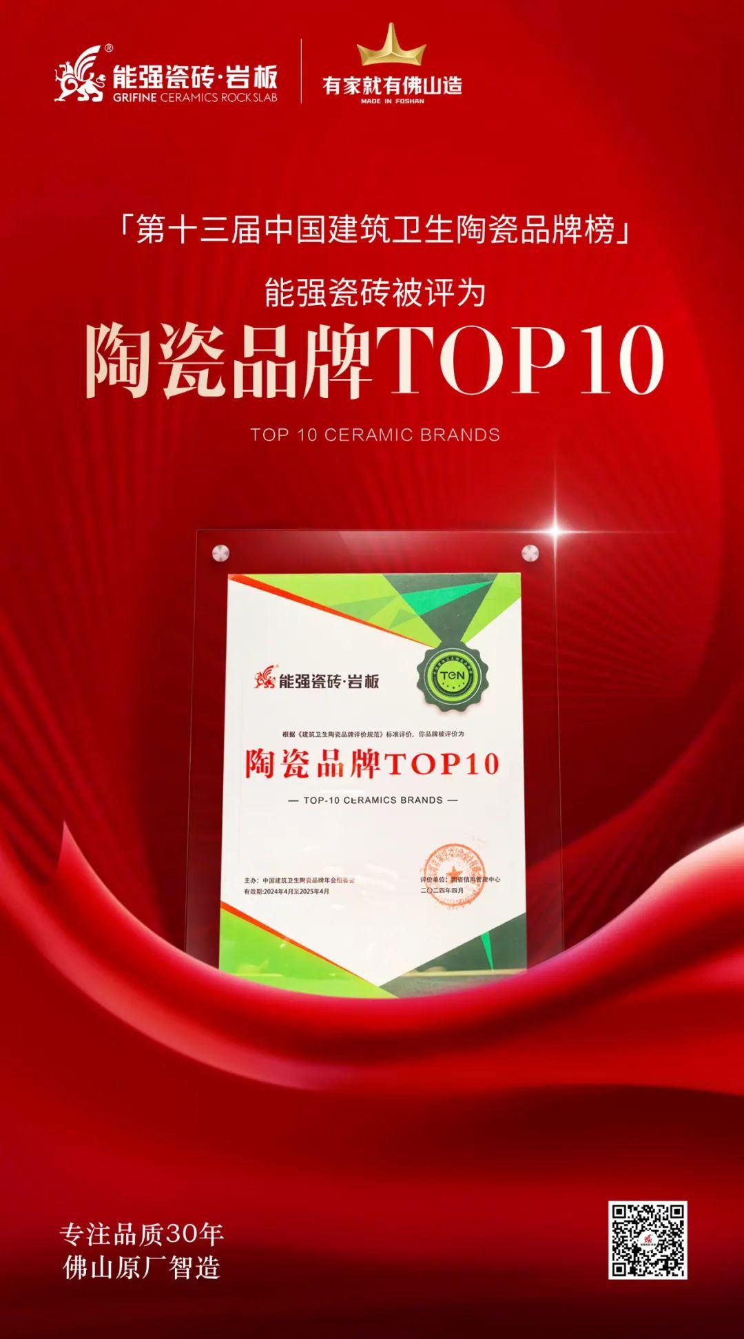 匠心榮耀丨能強(qiáng)瓷磚斬獲“陶瓷品牌TOP10”殊榮！